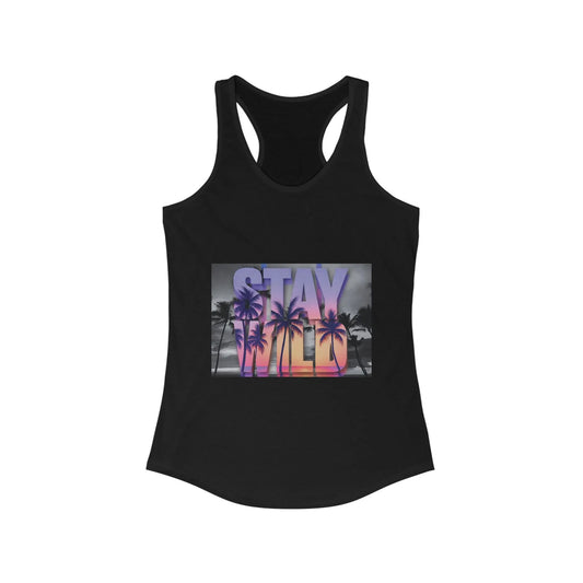 Black tank top with 'Stay Wild' graphic design on a white background
