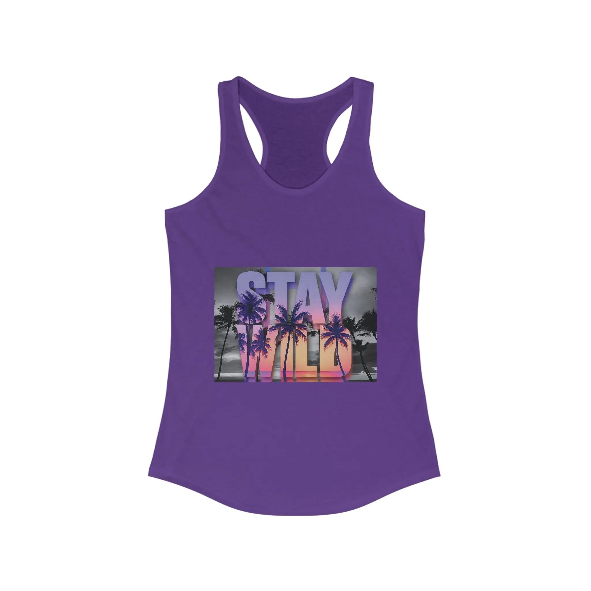Purple tank top with 'Stay Cool' graphic design on a white background