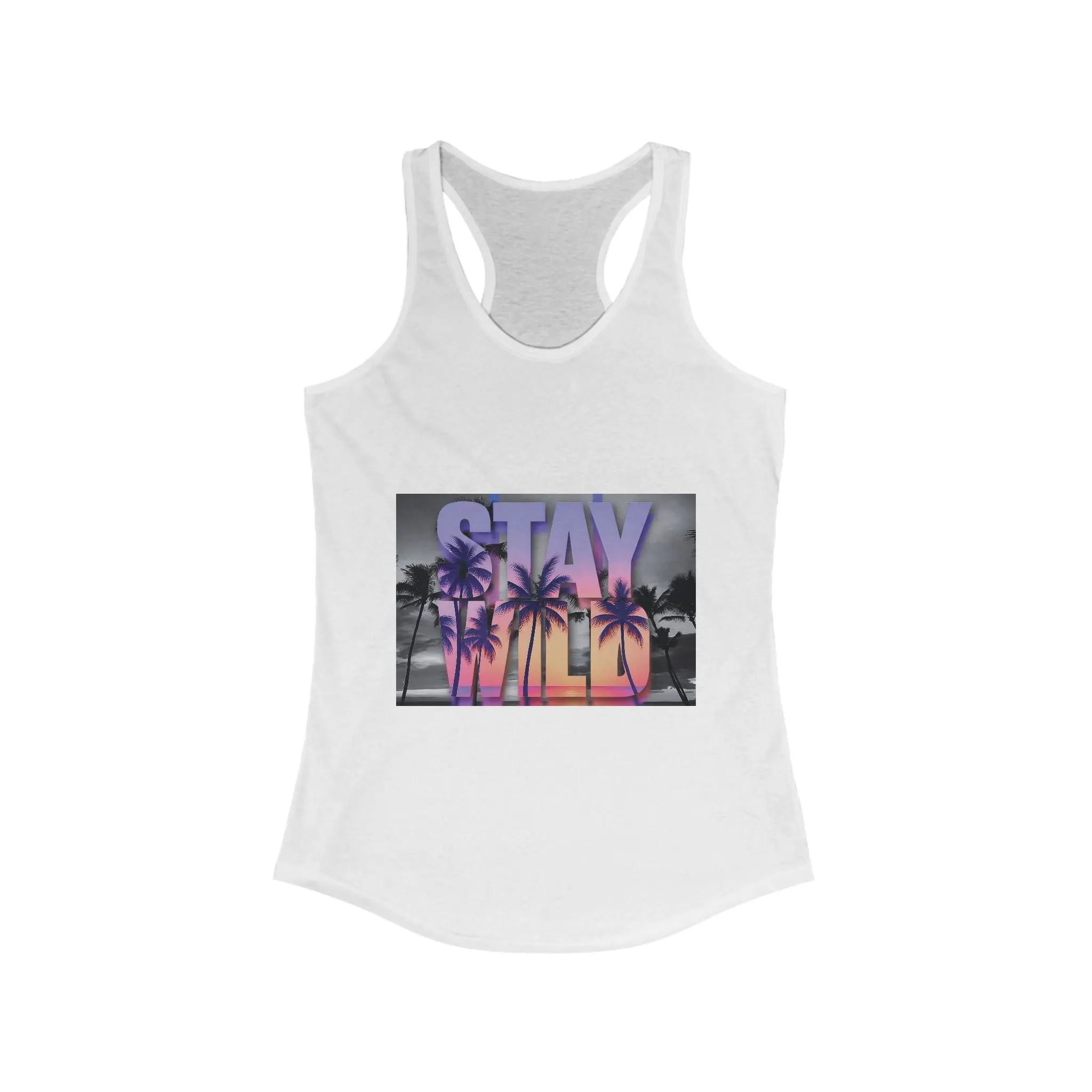 White tank top with 'Stay Wild' graphic design on a white background