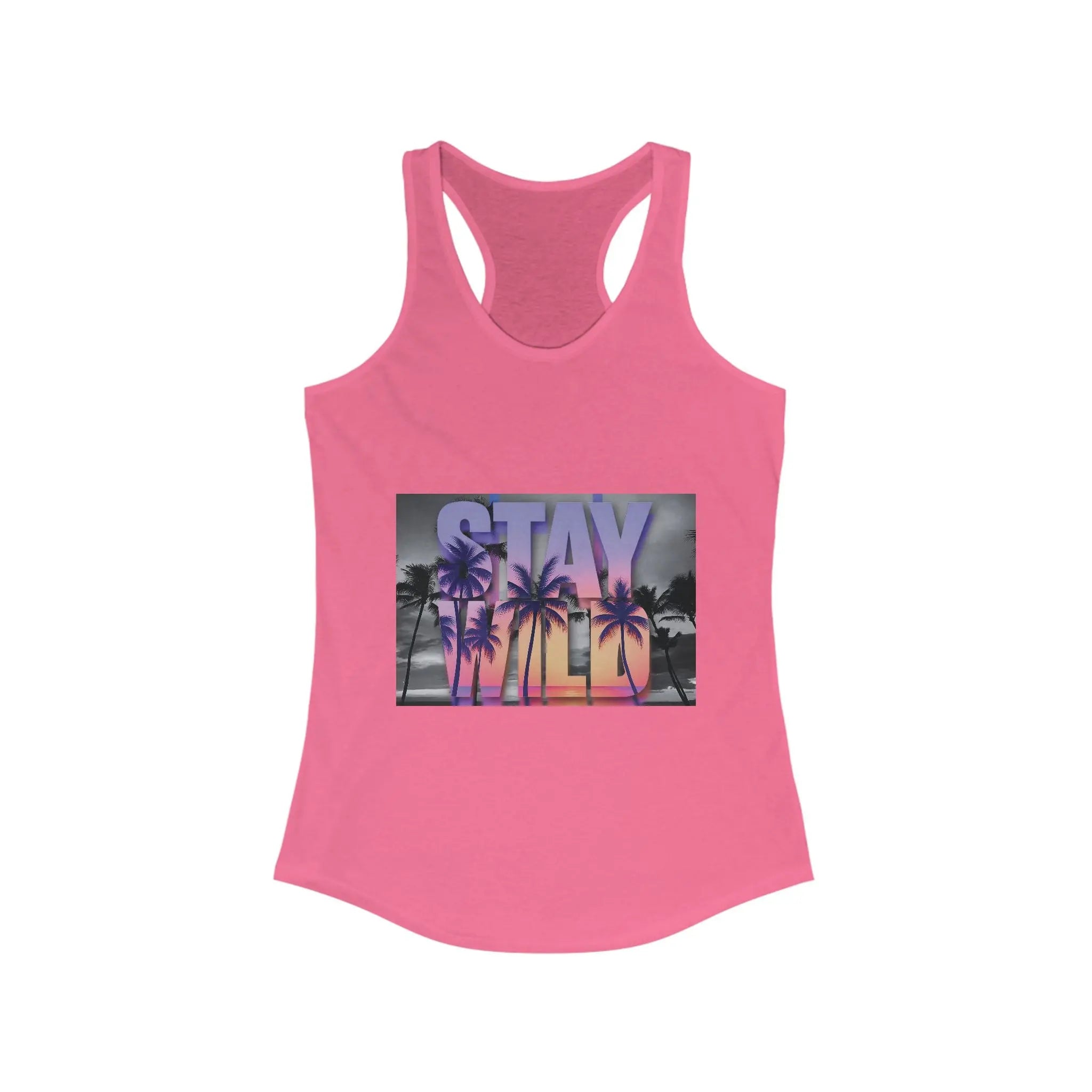 Pink tank top with palm tree design and 'Stay' text on a white background