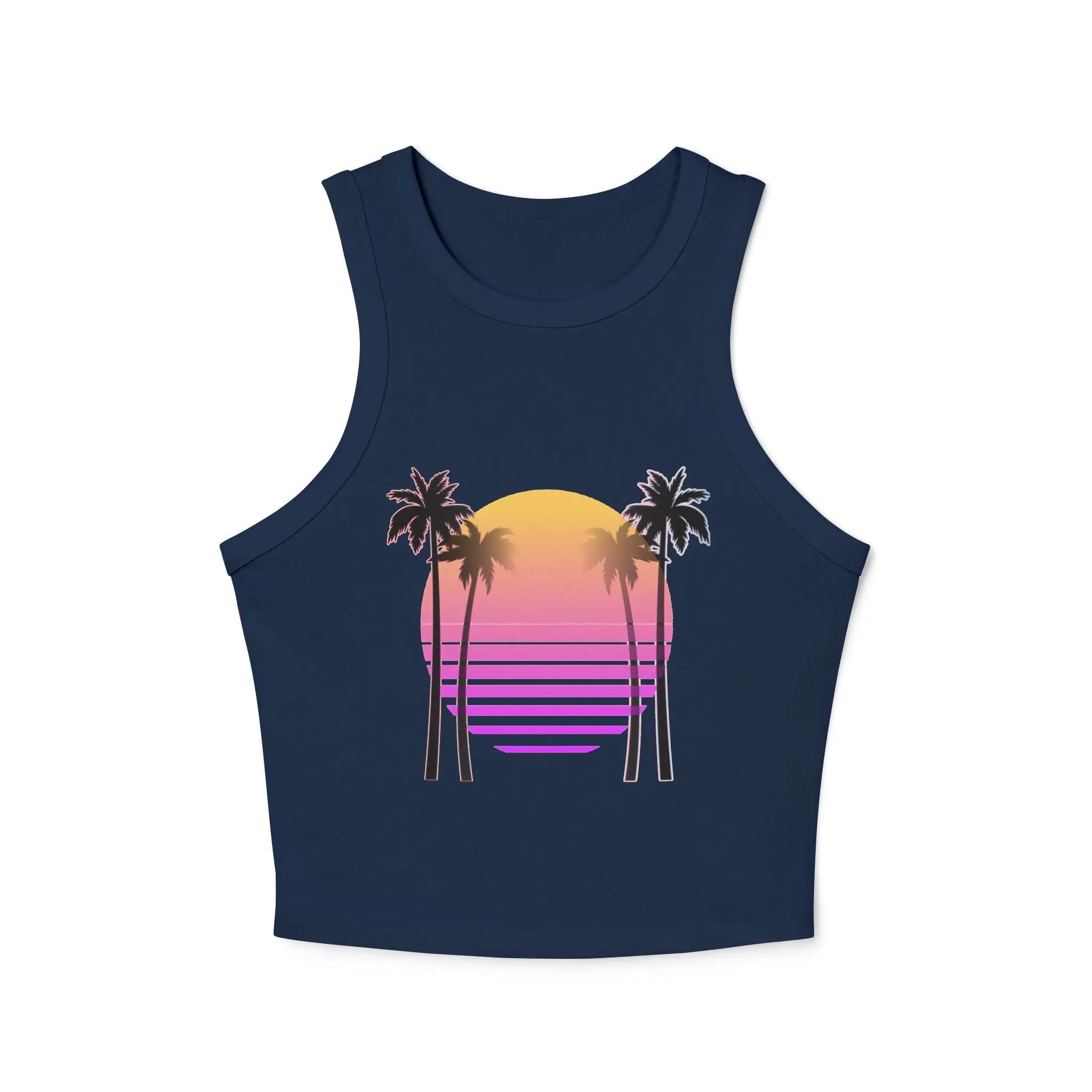 Navy blue tank top with a colorful palm tree and sunset design on a white background