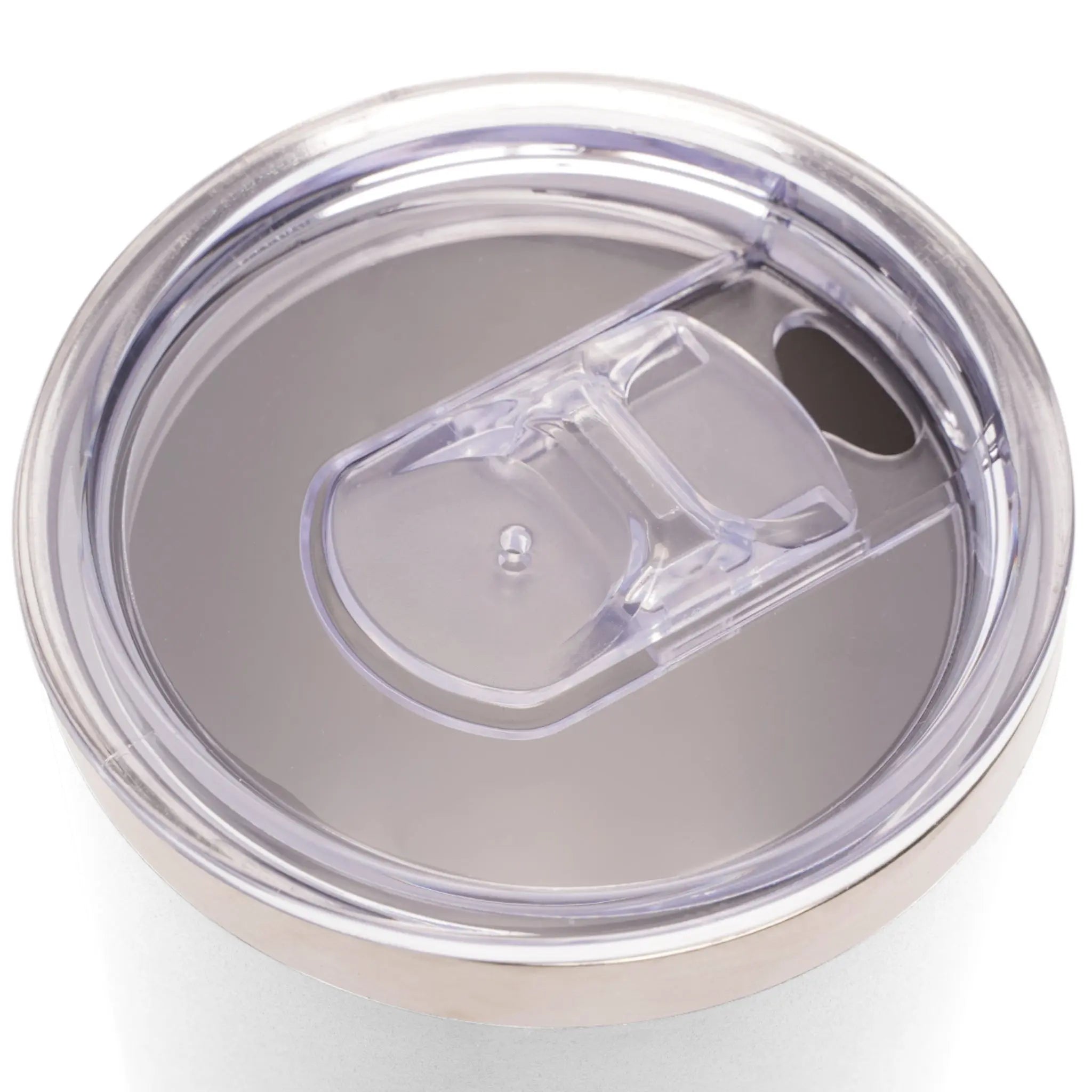 Clear tumbler lid with a silver rim on a white background