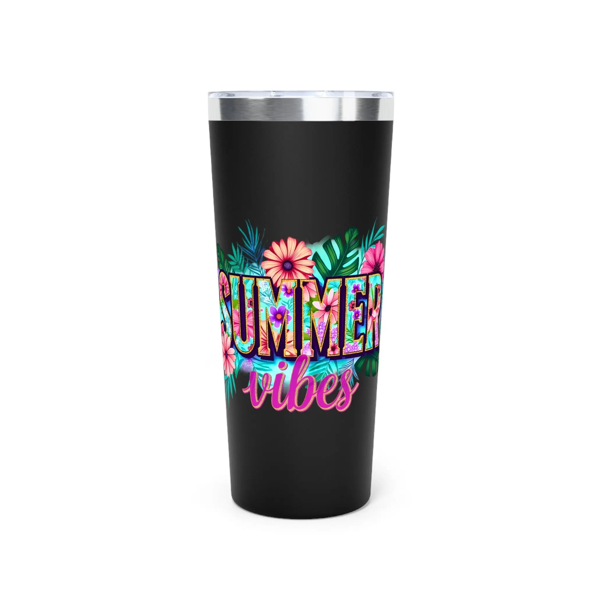 Black tumbler with 'Summer vibes' text and floral designs on a white background