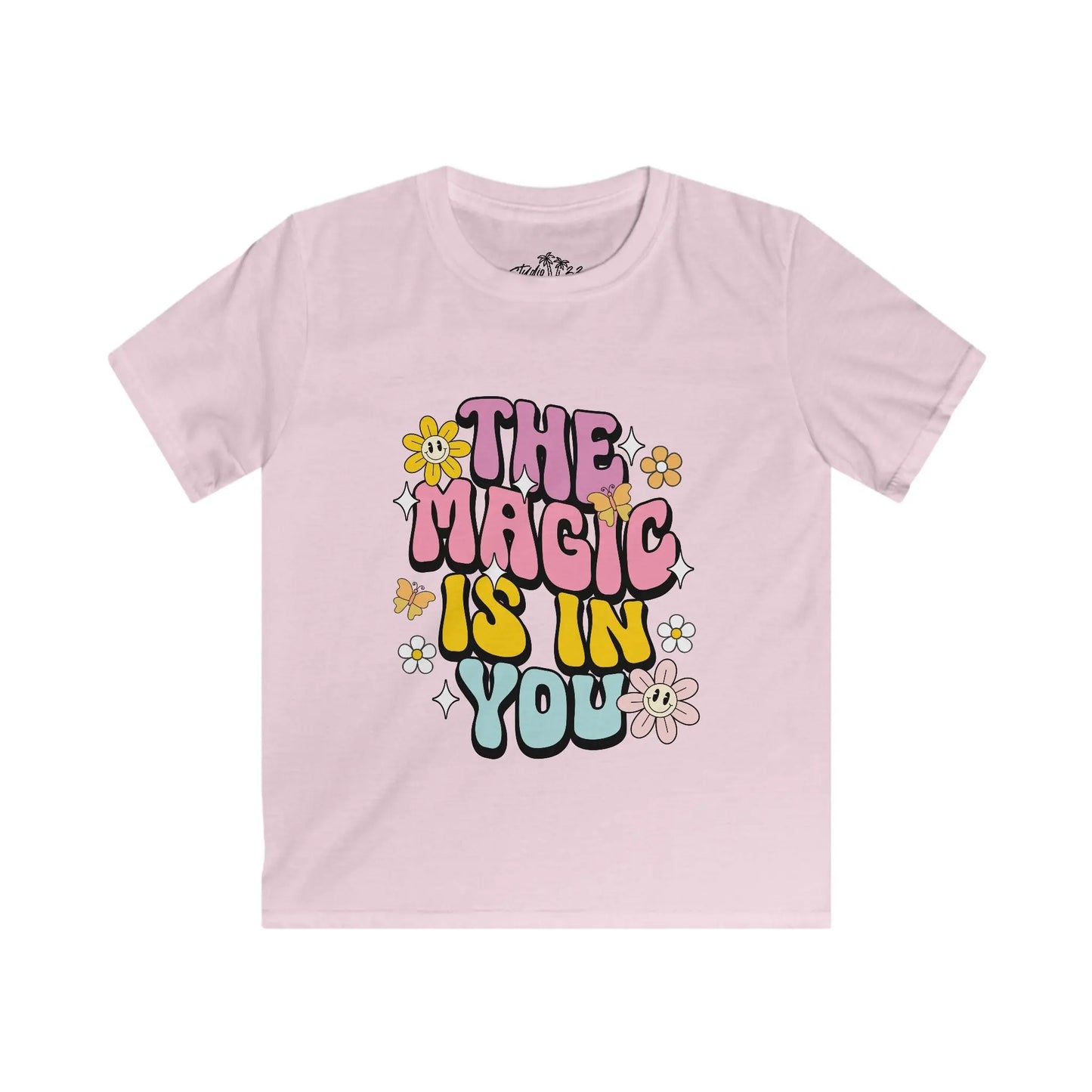 Pink t-shirt with 'The Magic is in You' text and floral designs on a white background