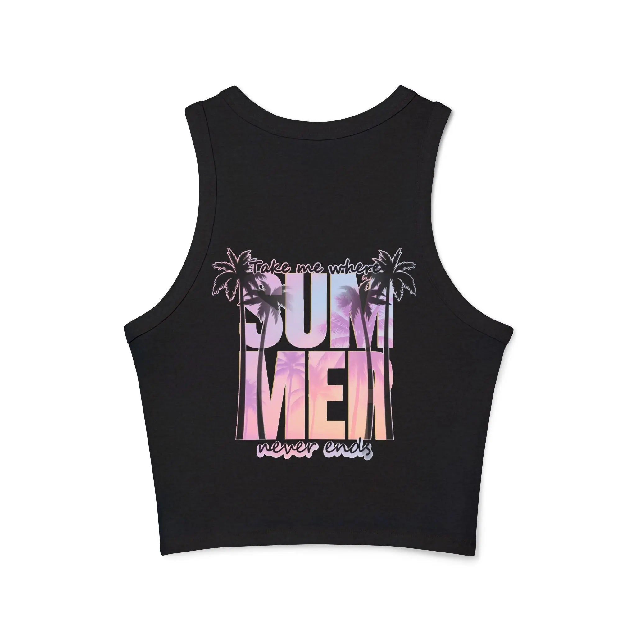 The back of a black tank top with colorful 'Take me where Summer never ends' text and palm tree design on a white background