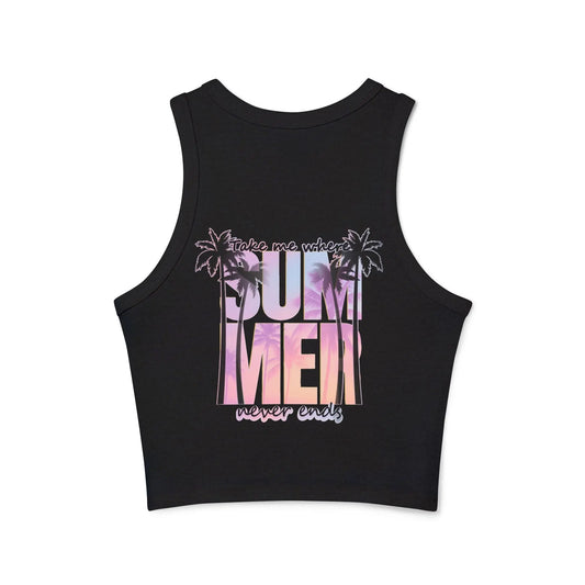 The back of a black tank top with colorful 'Take me where Summer never ends' text and palm tree design on a white background
