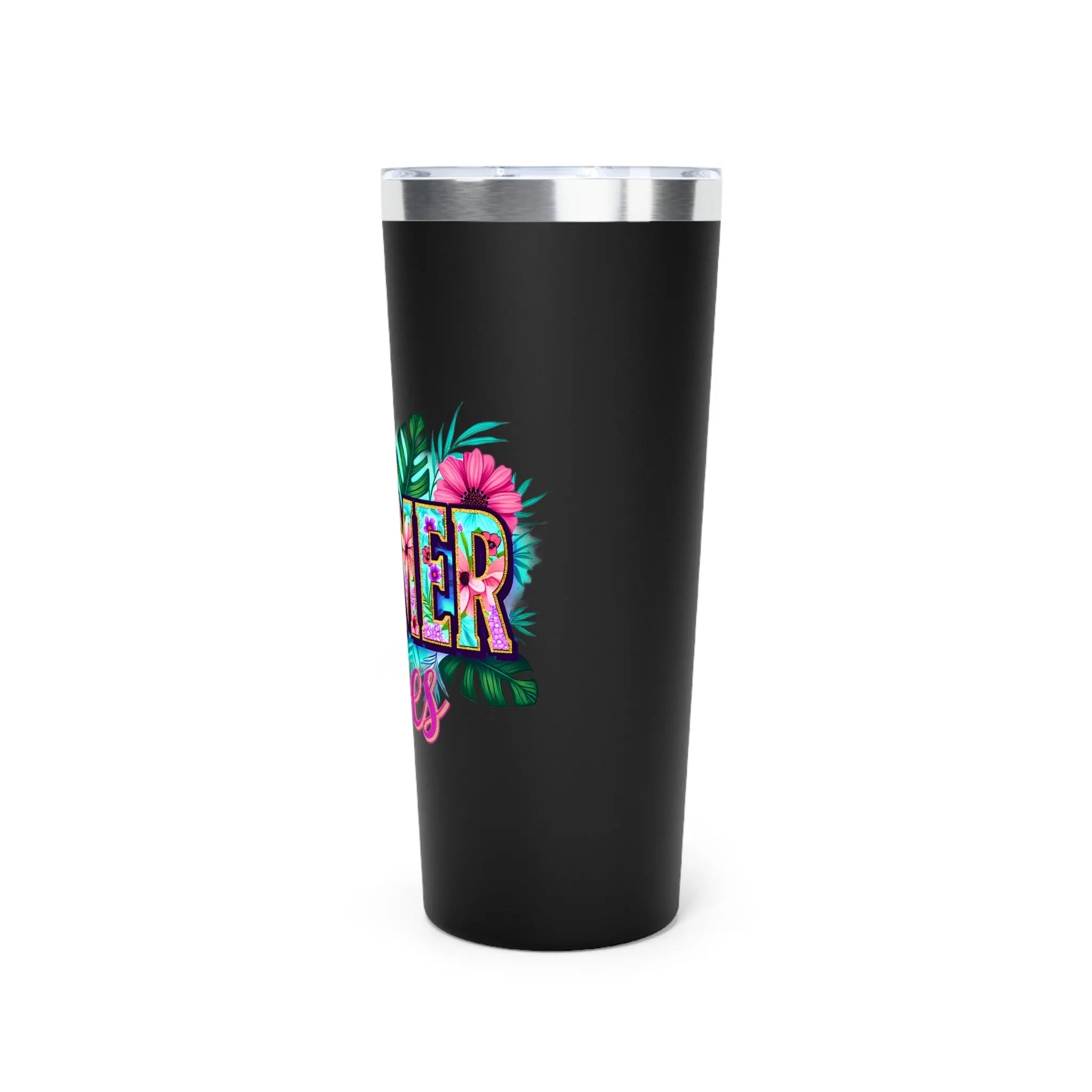 Black tumbler with colorful floral design and text on a white background
