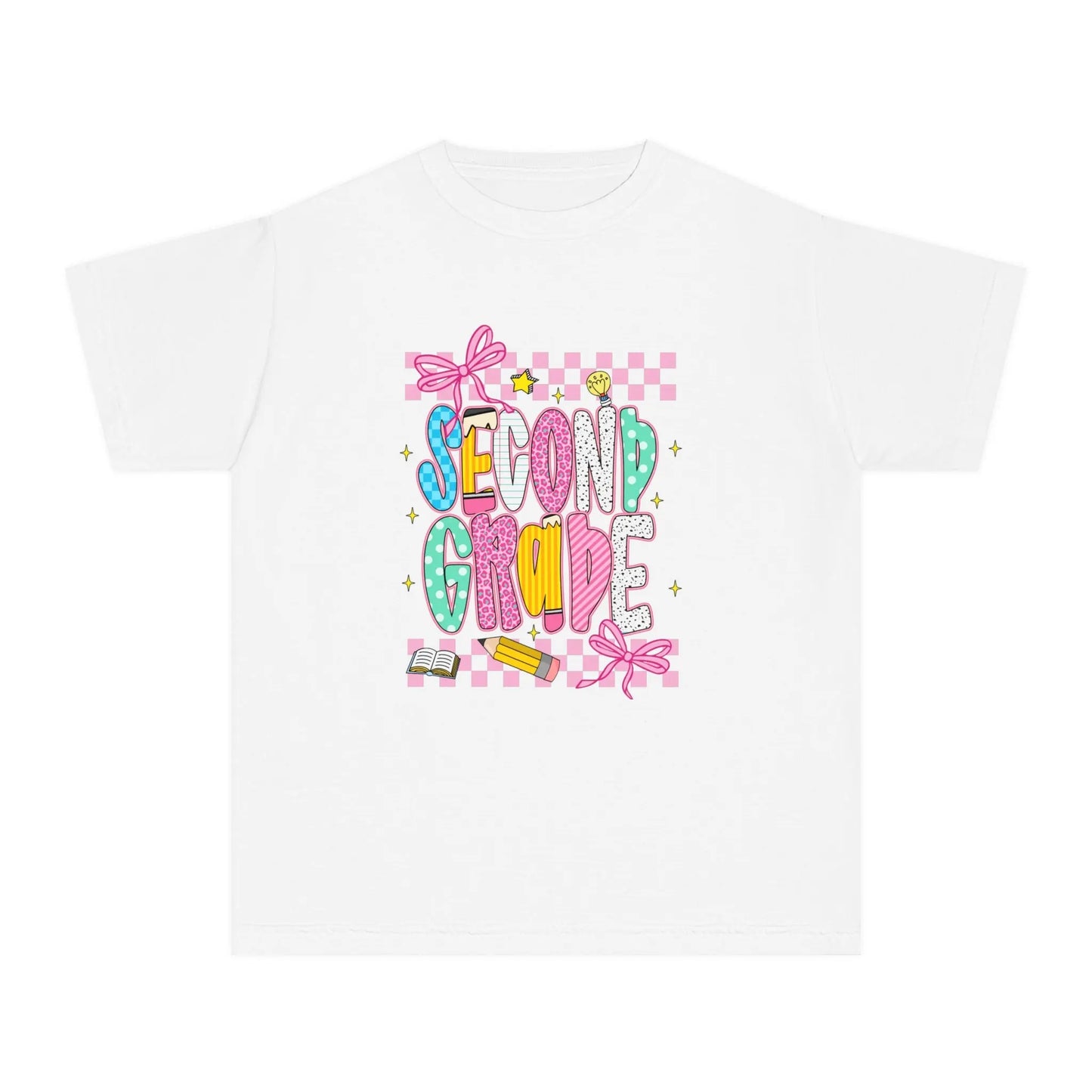 White t-shirt with 'Second Grade' text and colorful graphics on a white background