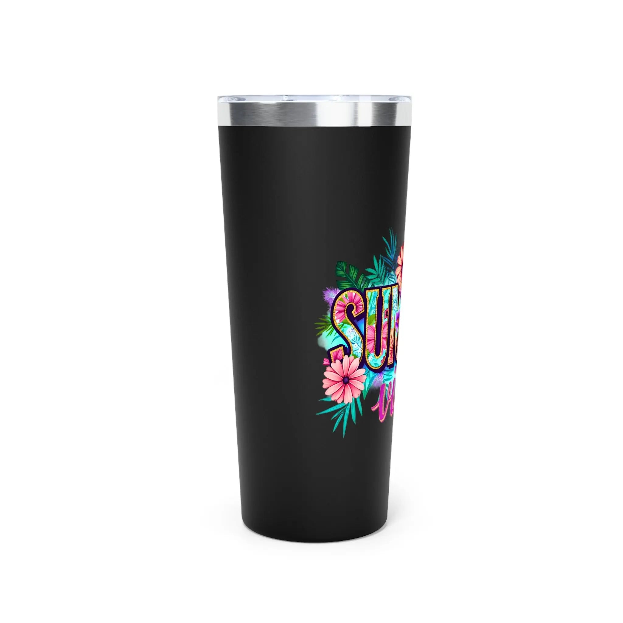 Black tumbler with colorful 'Summer' design on a white background