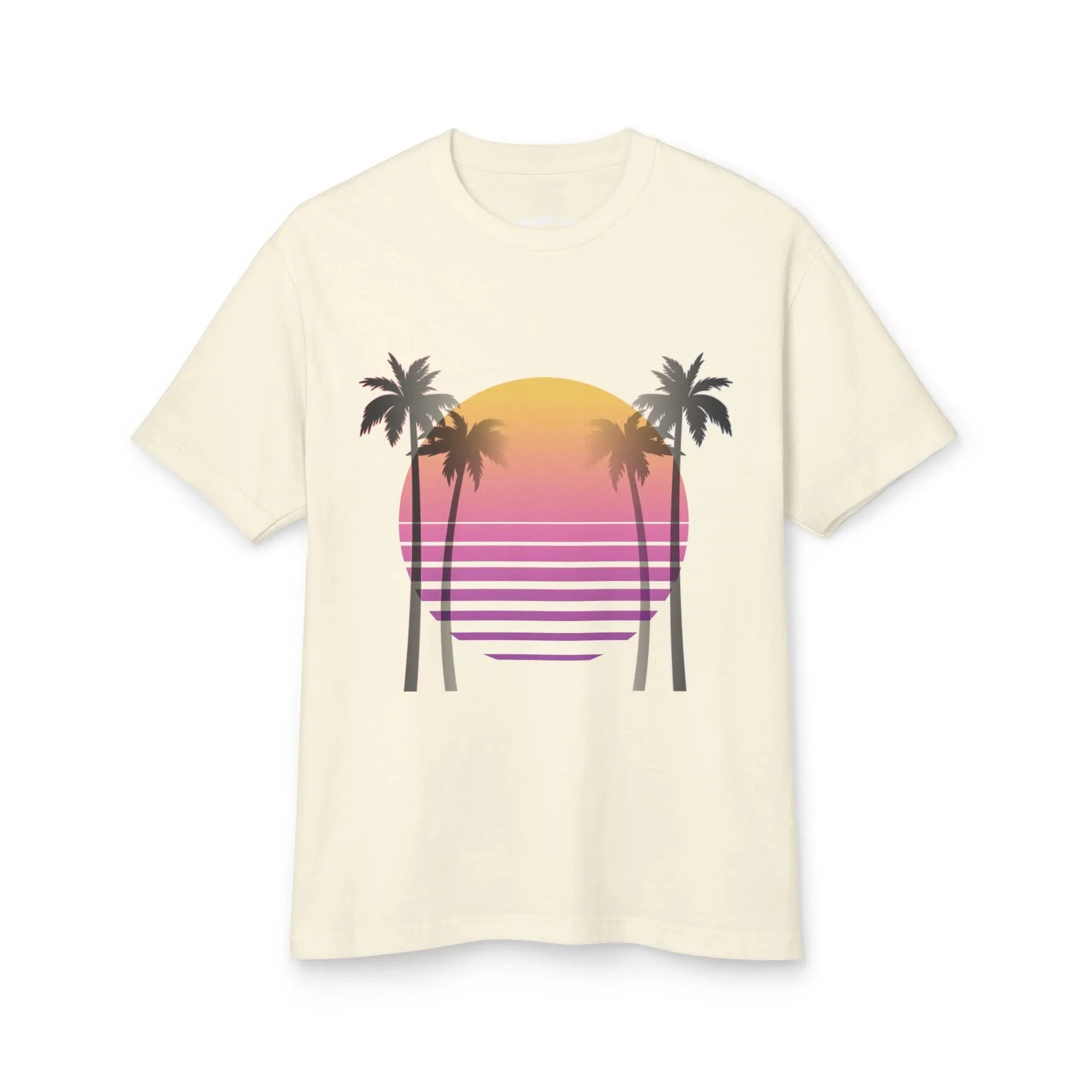Beige t-shirt with a colorful palm tree design on a white background