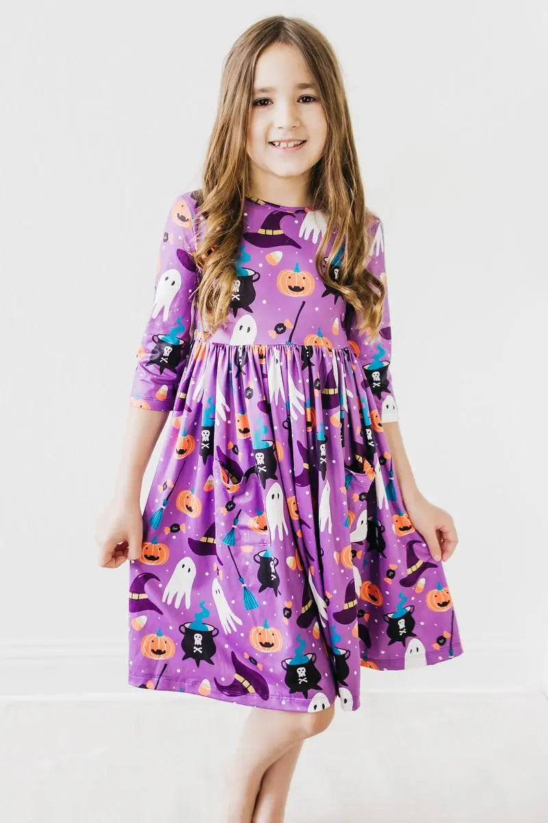 Halloween Dress | No Tricks, Just Treats 3/4 Sleeve Pocket Twirl Dress Mila & Rose ®