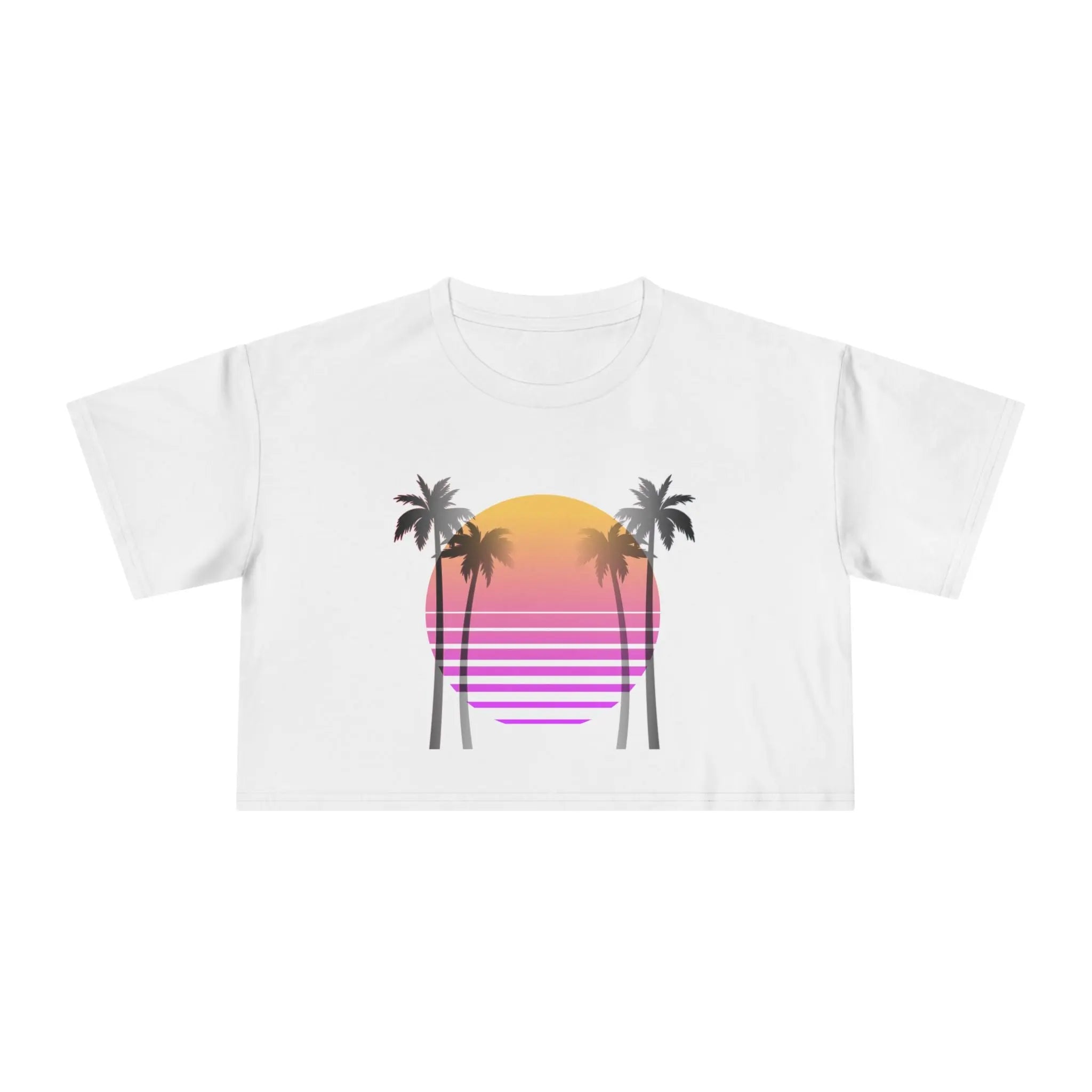 White t-shirt with a colorful palm tree and sun design on a white background