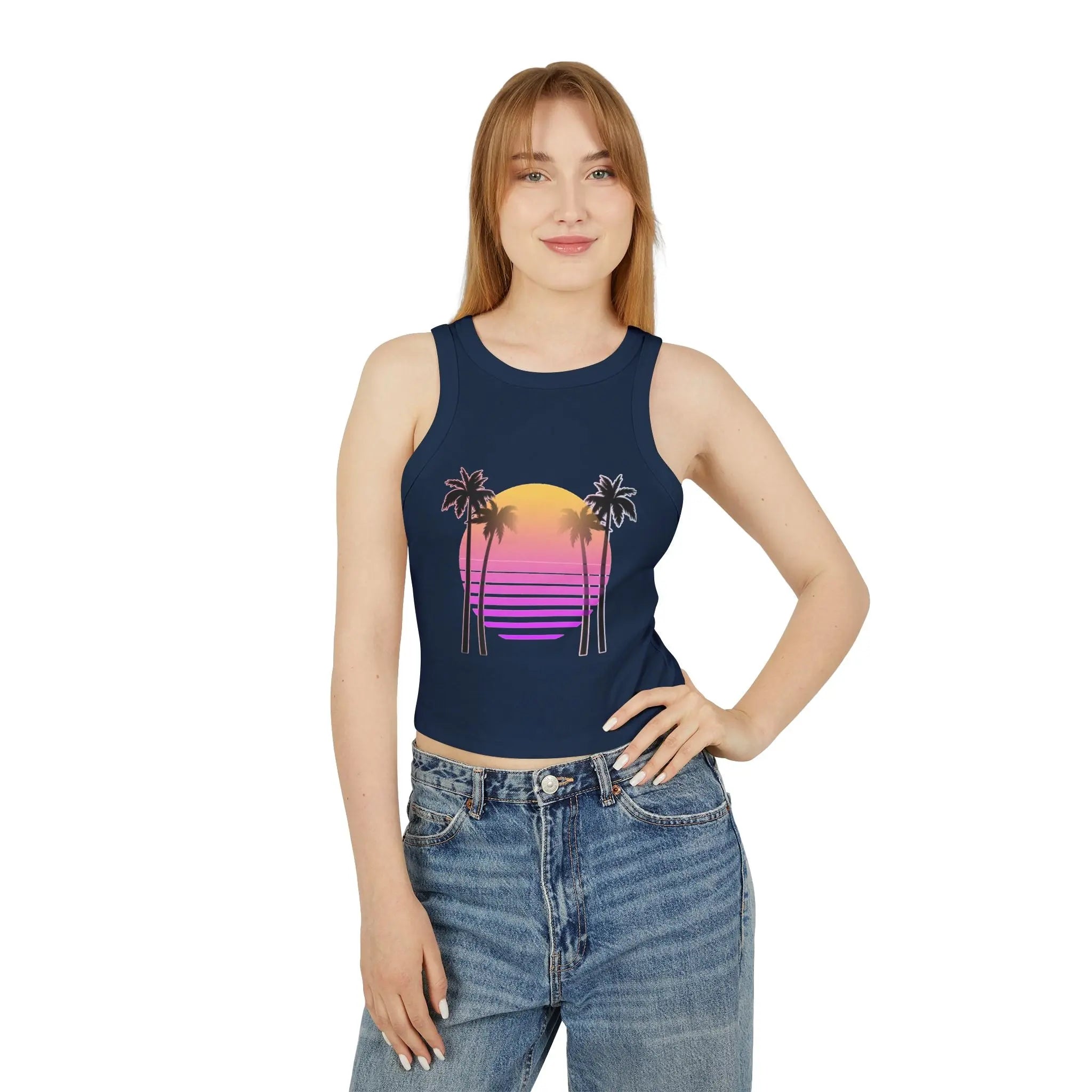 Woman wearing a navy tank top with a colorful palm tree design on a white background