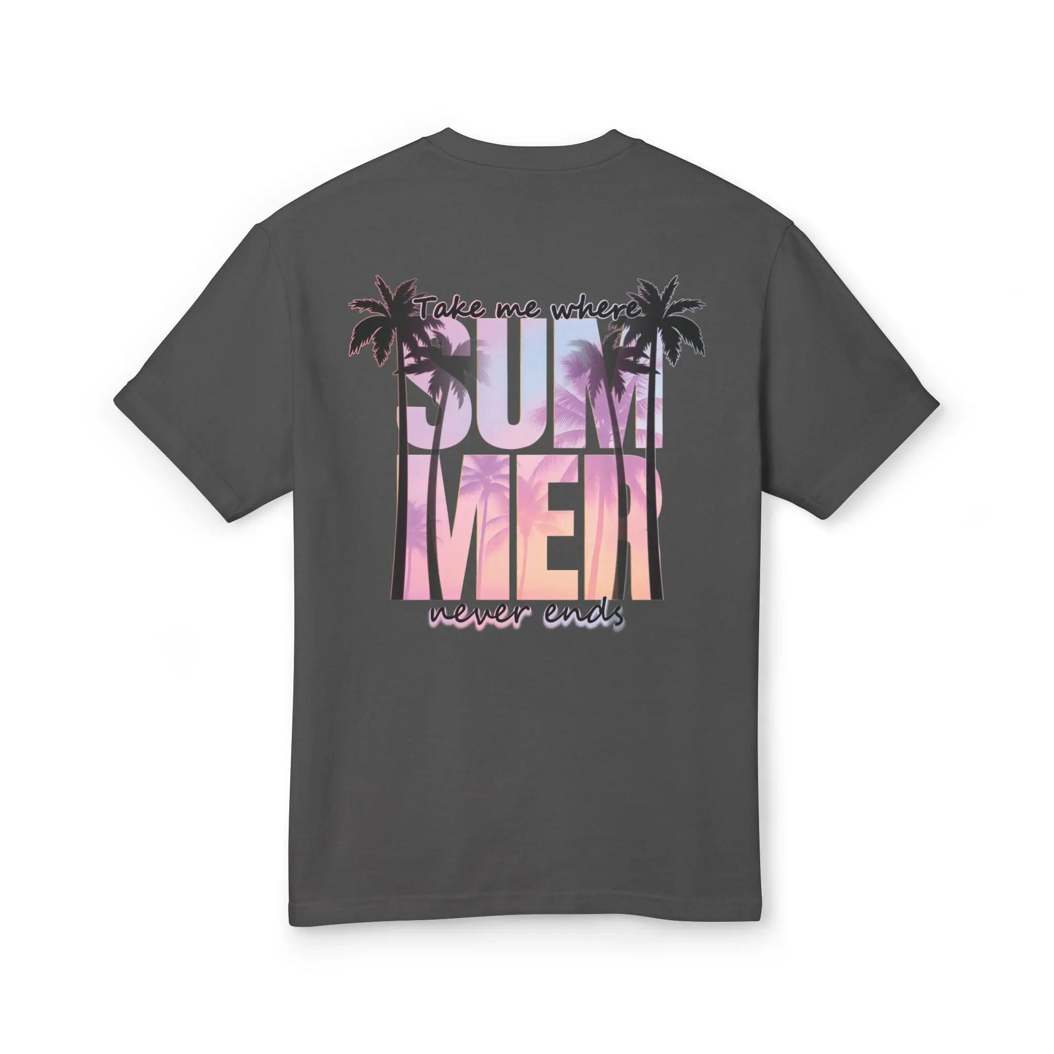 Black t-shirt with 'Summertime' graphic design on a white background