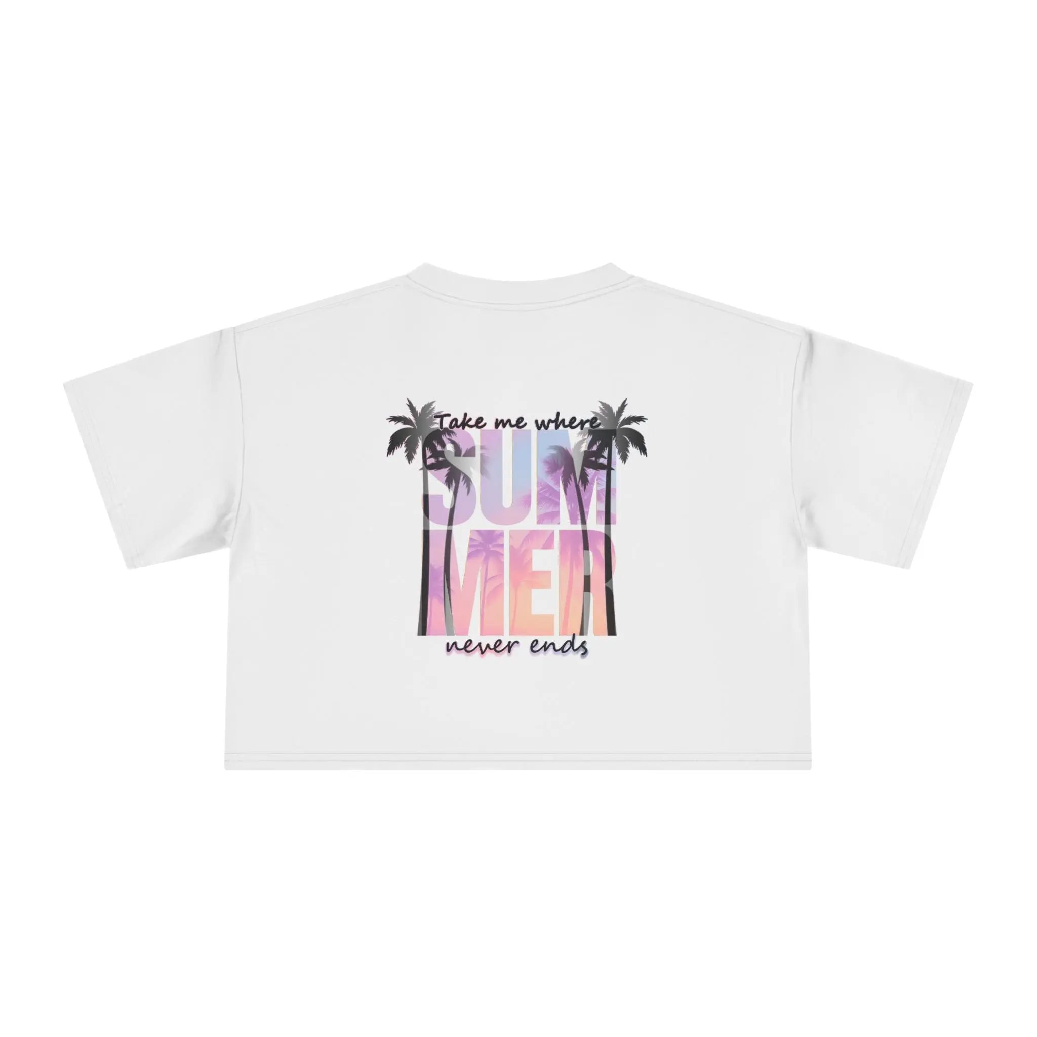 White t-shirt with palm tree design and 'Take me where Summer never ends' text on a white background