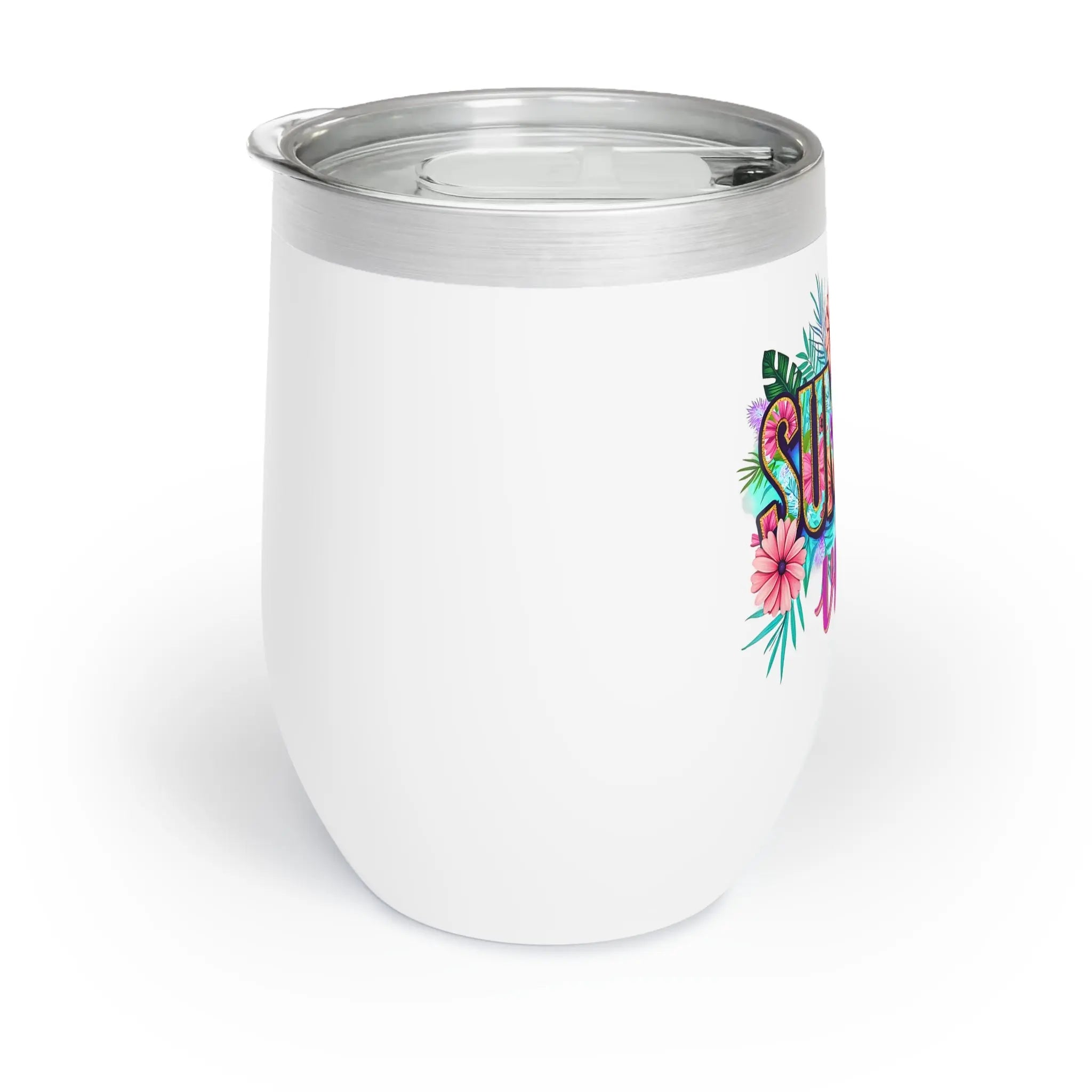 White tumbler with colorful floral design and text on a white background