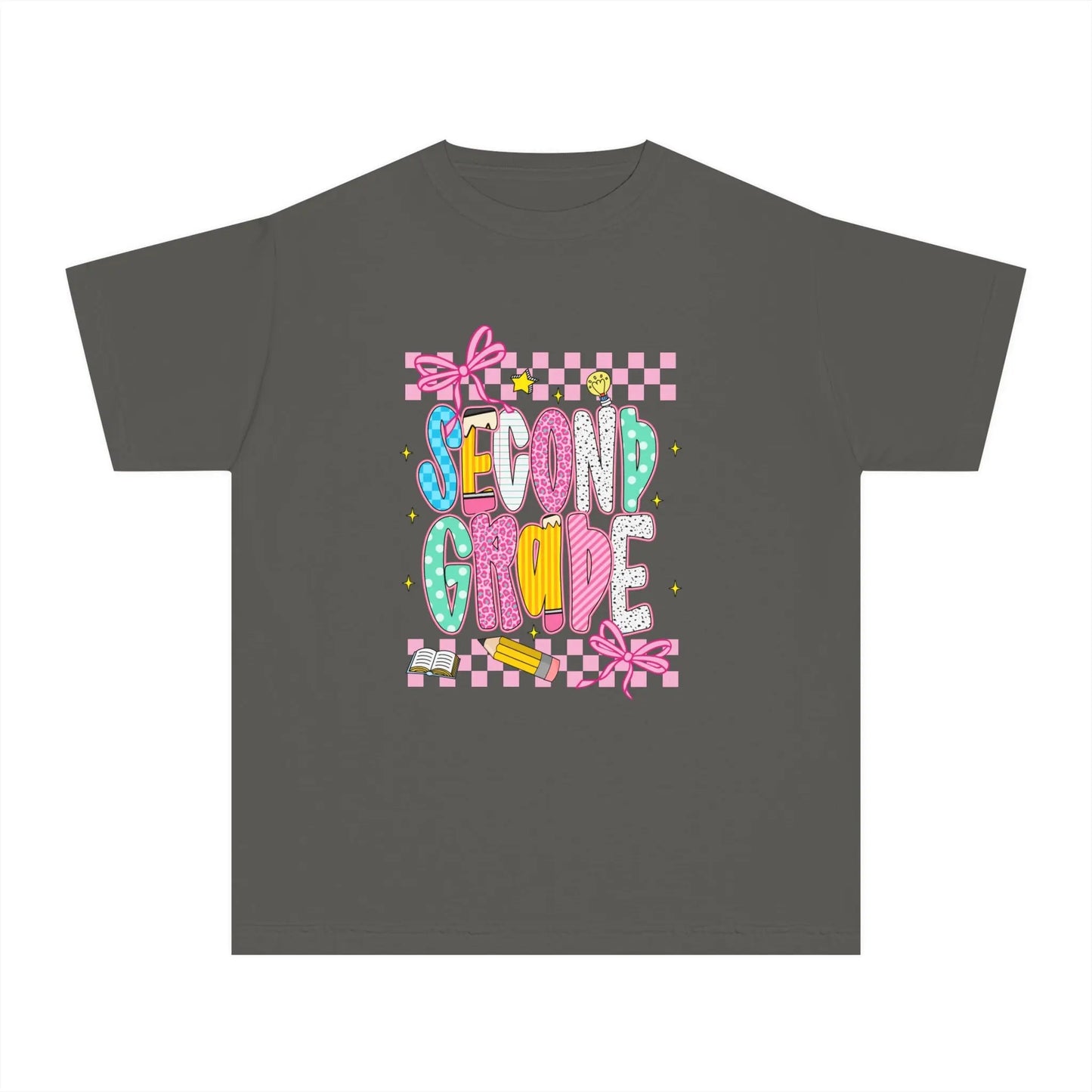 Gray t-shirt with 'Second Grade' text and checkered design on a white background