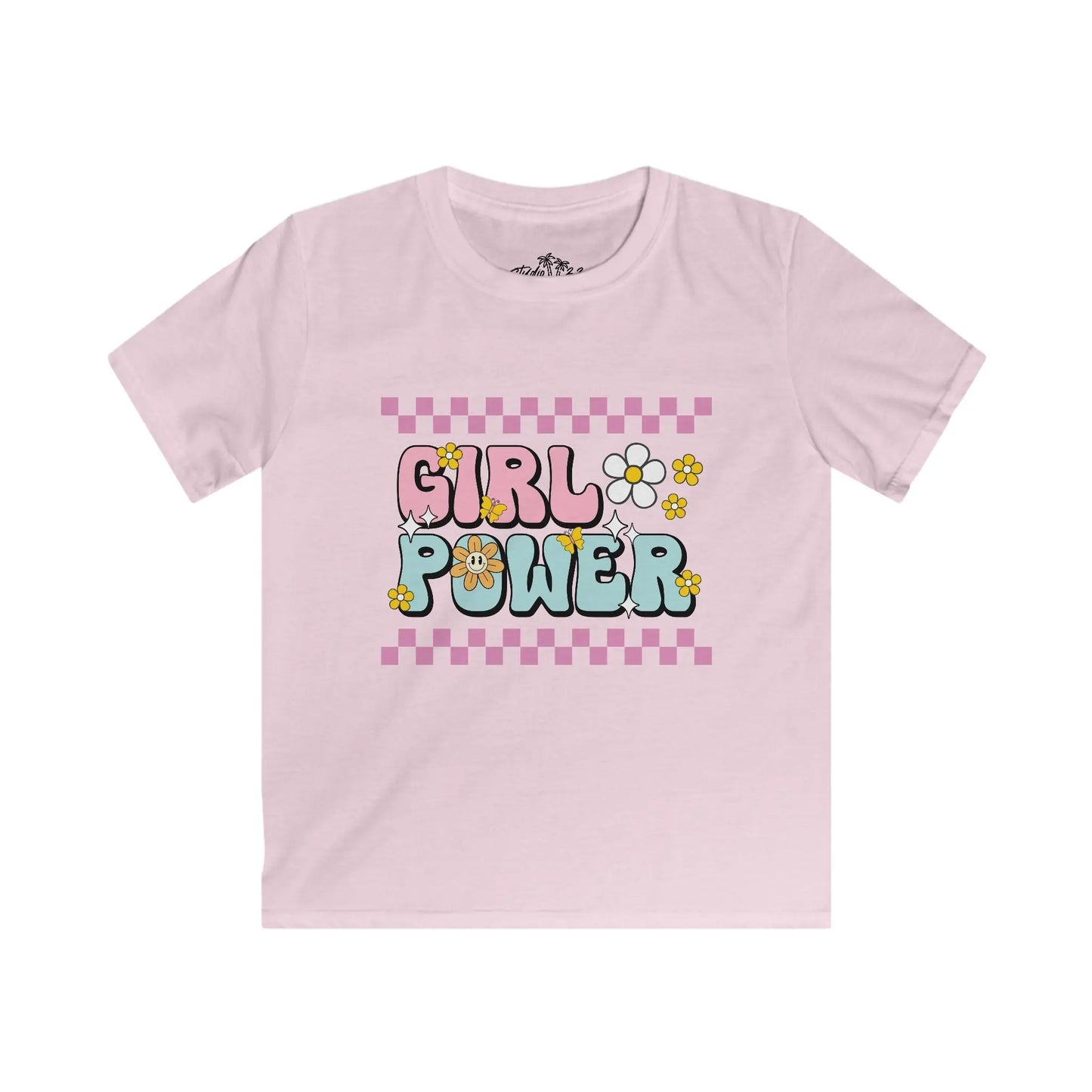 Pink t-shirt with 'Girl Power' text and checkered border on a white background