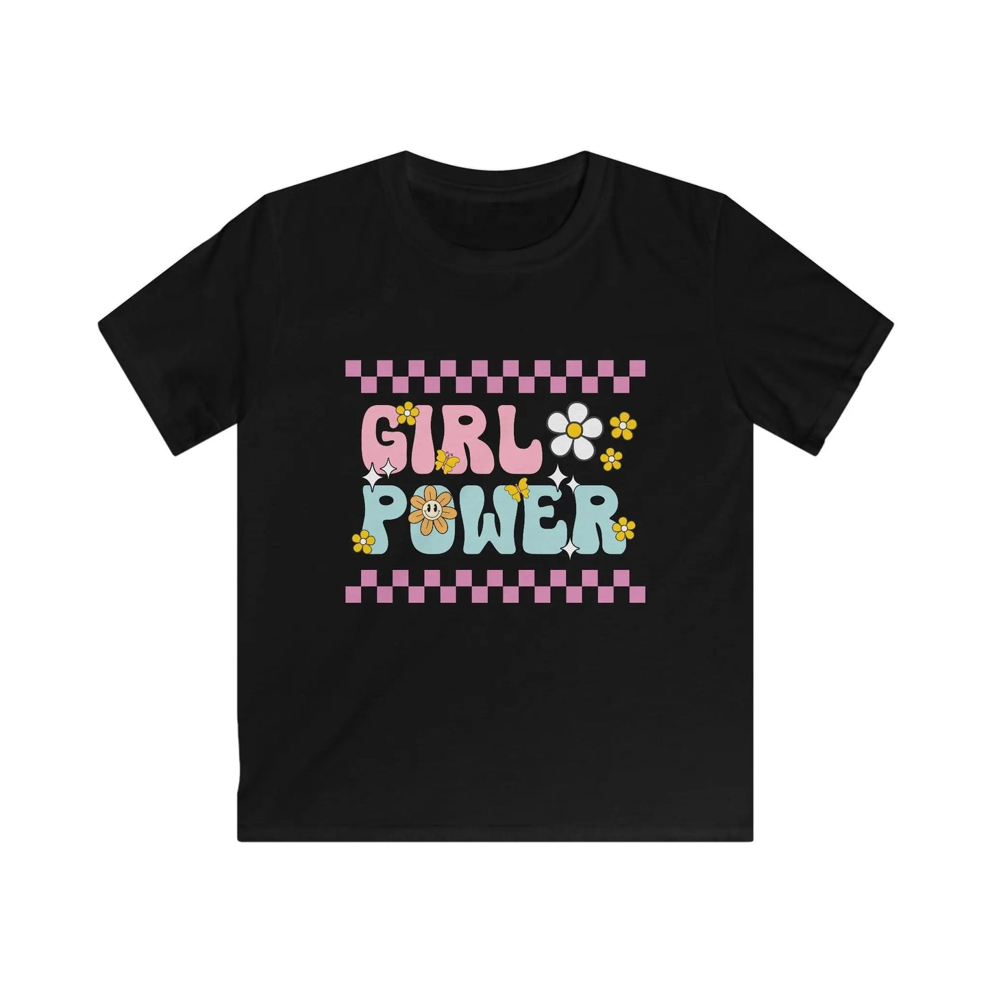 Black t-shirt with 'Girl Power' text and floral design on a white background