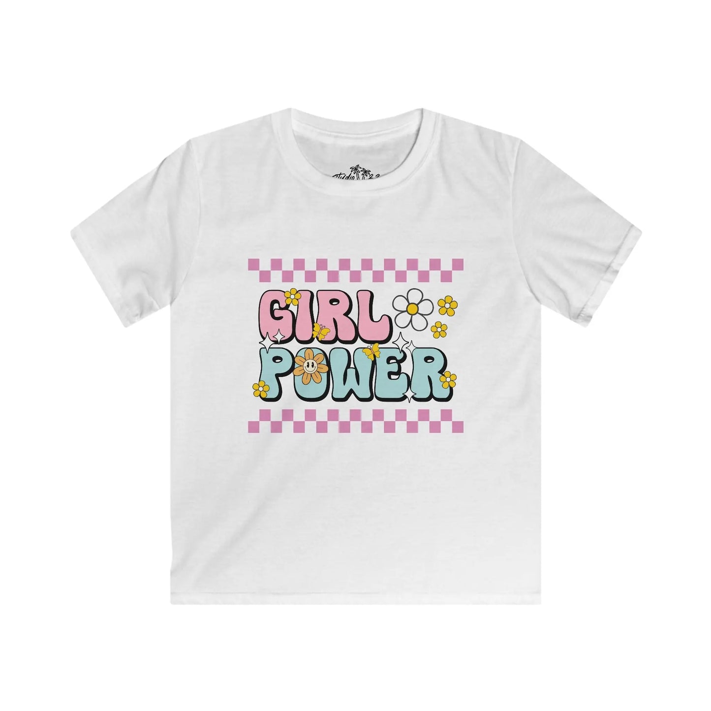 White t-shirt with 'Girl Power' text and checkered border on a white background