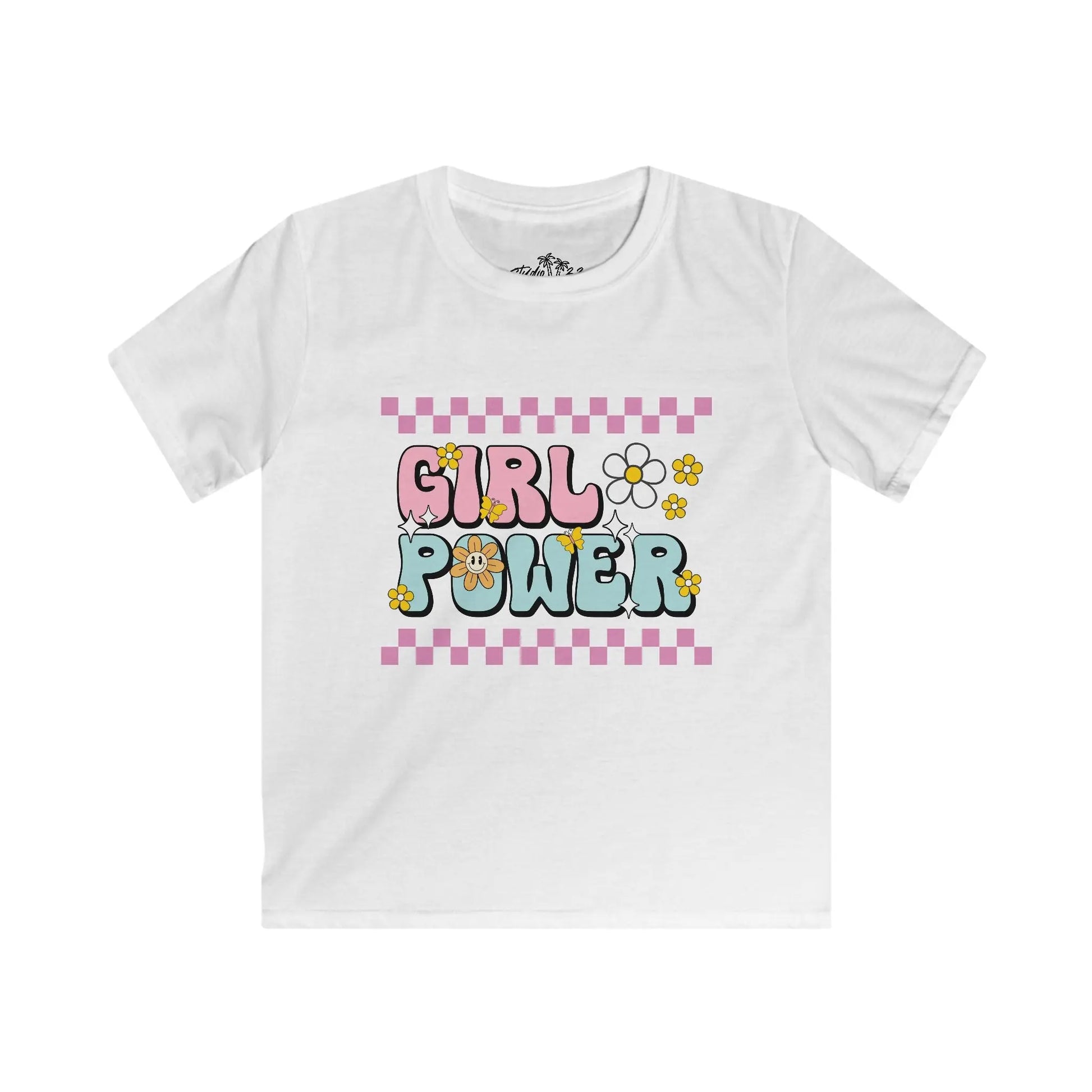 White t-shirt with 'Girl Power' text and checkered border on a white background