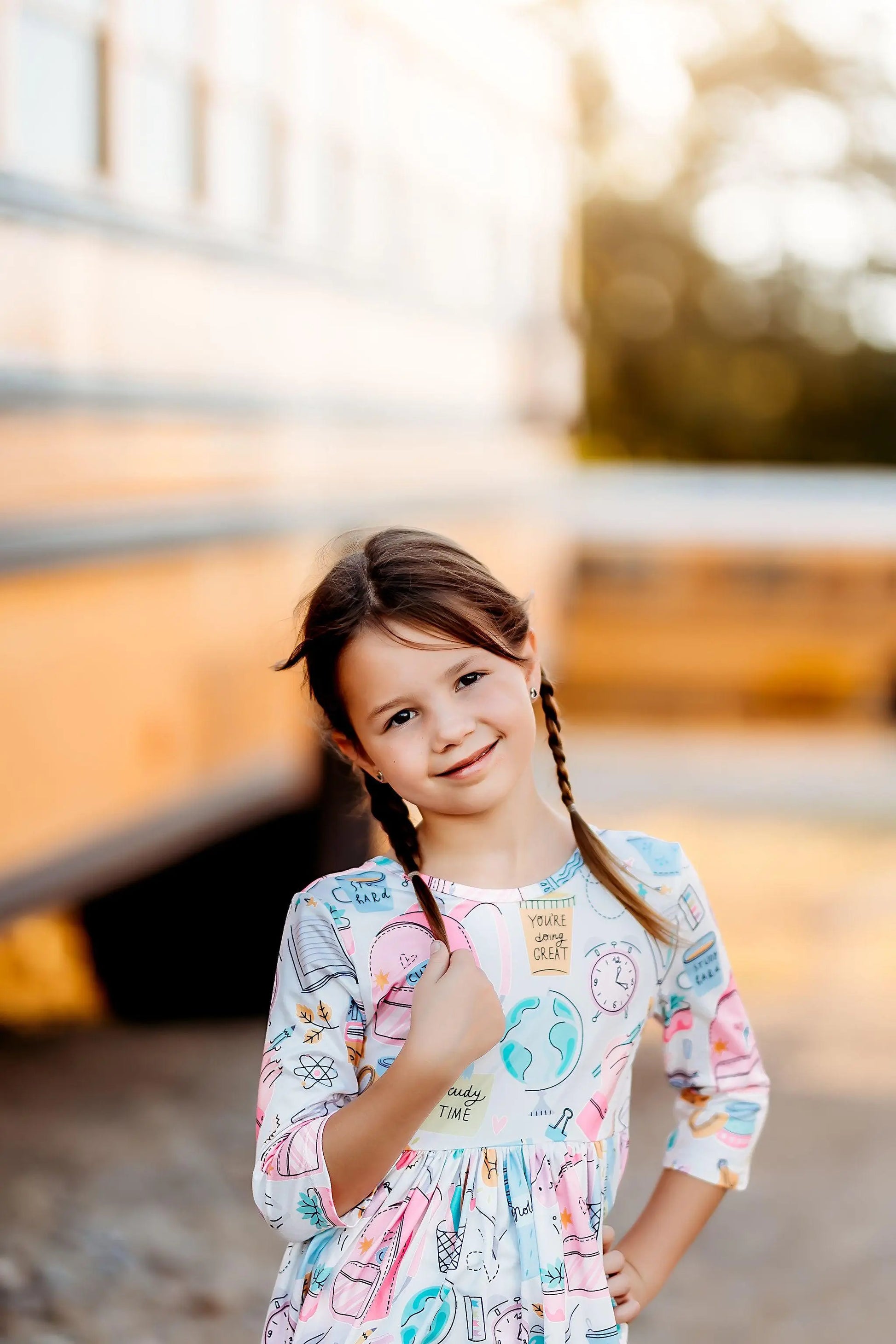 Young girl in a colorful dress standing outdoors with a blurred background