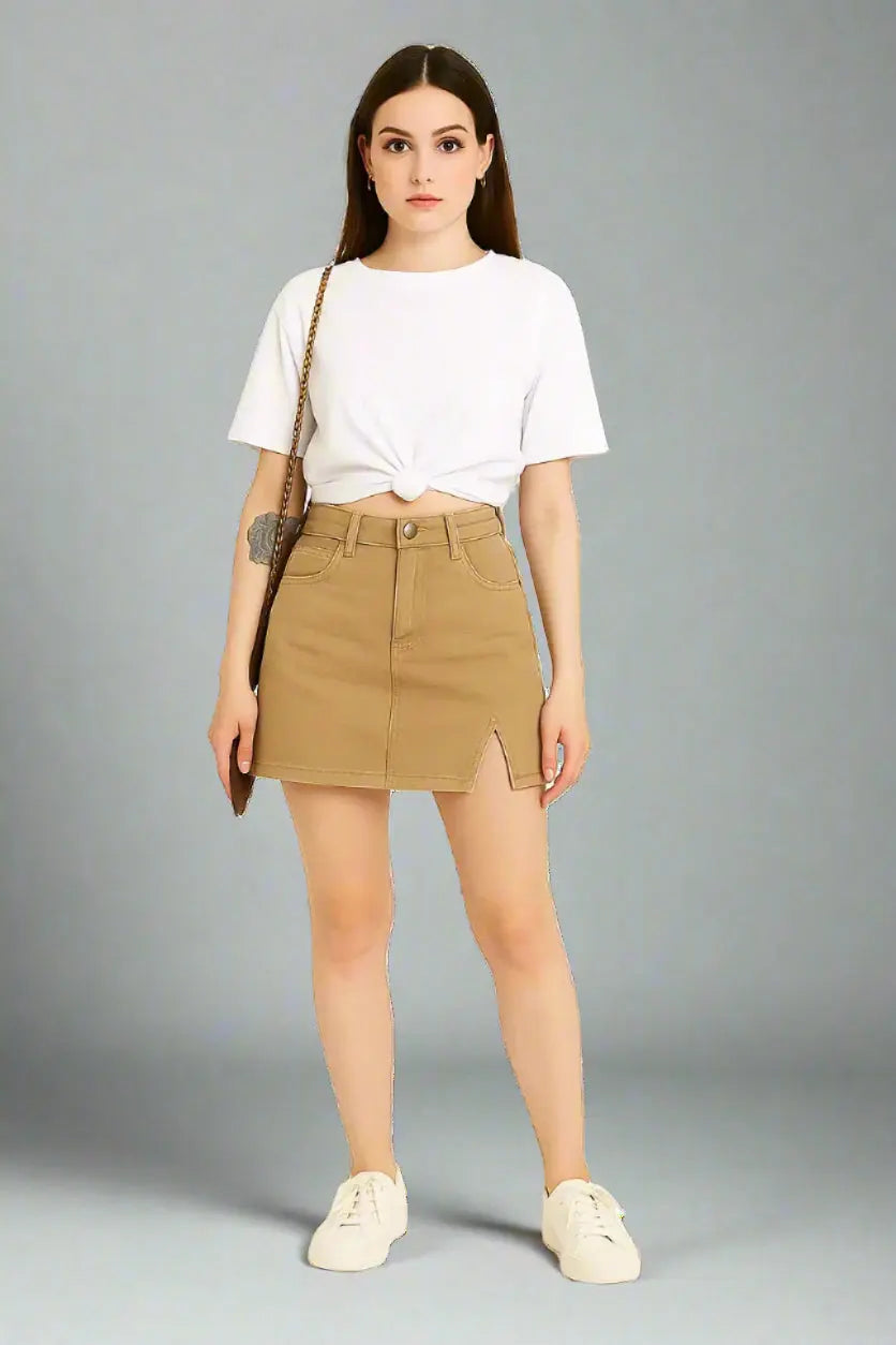 Woman wearing a white top and beige skirt on a white background