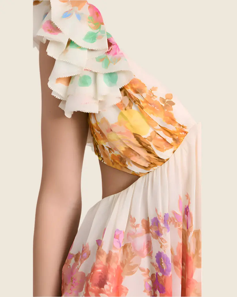 Colorful floral skirt with a plain background